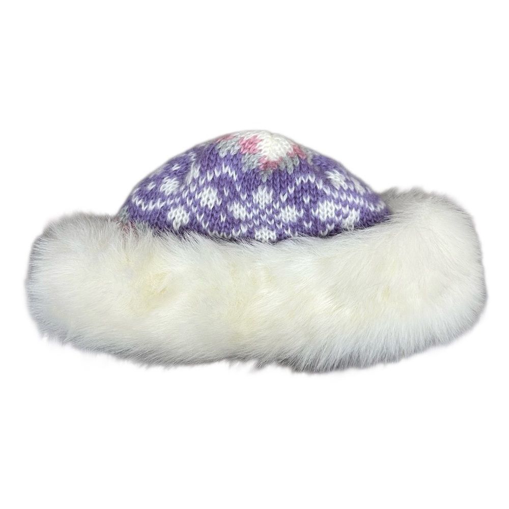 Aris Faux Fur Knit Fair Isle Winter Hat 100% Acrylic Beanie Purple Pink White